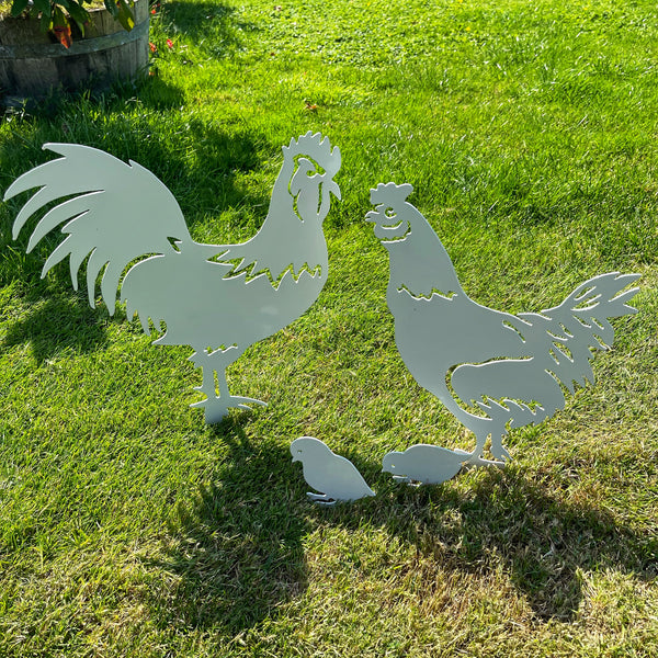 Hen & 2 Chicks Garden Stake - Natural or Chalk White