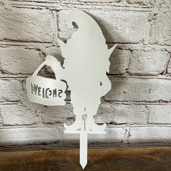 Gnome 'Welcome' Garden Stake - Natural or Chalk WHite