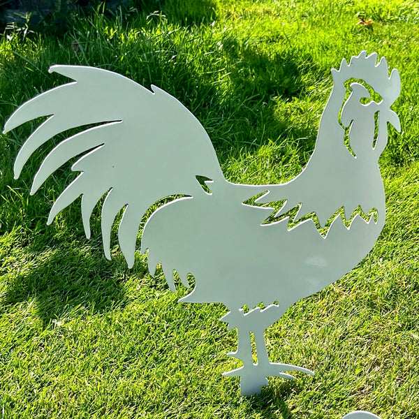 Metal Cockerel Garden Stake - Natural or Chalk White